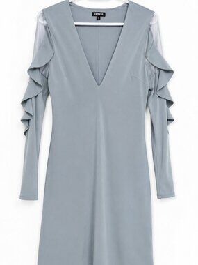 Express Small Slate Blue Ruffle Sleeve Mesh Shift Mini Dress